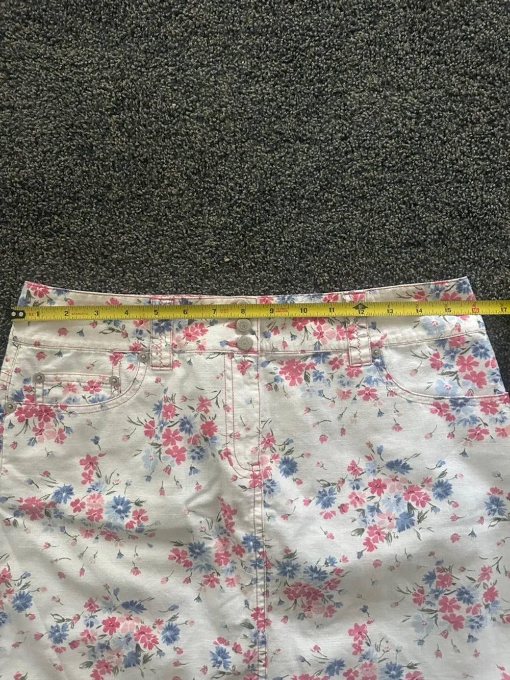 LOFT White Mini Skirt W/Pink Blue Floral Print 5 Pocket 3 Buttons Zipper 8P